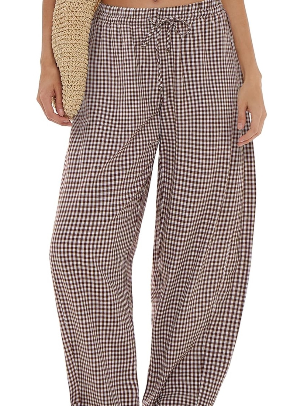 Brown Gingham Wide-Leg Pants - Women's Casual Pull-On